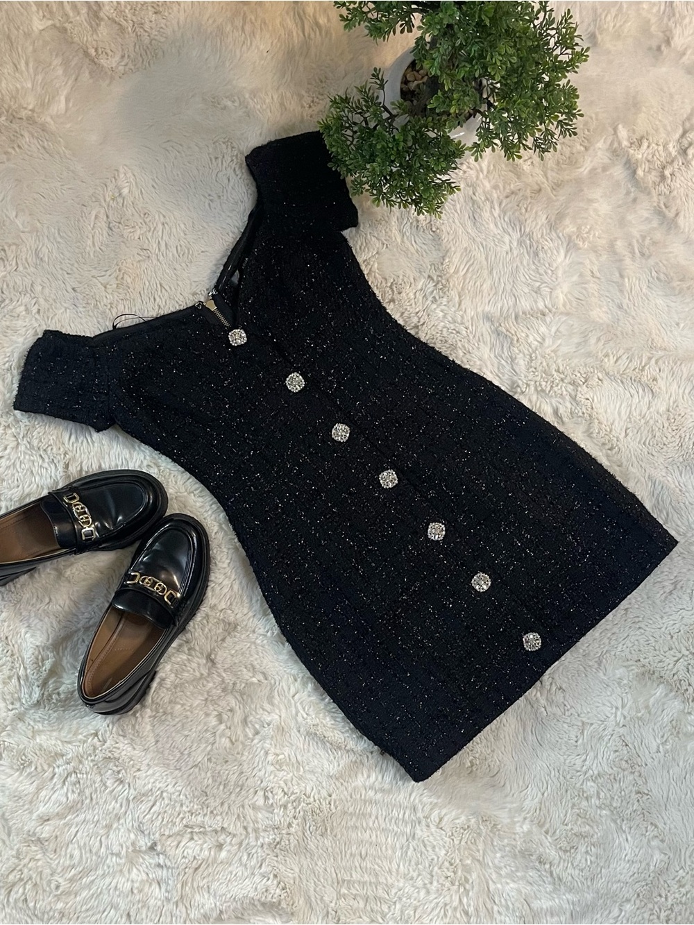 AQUA Bloomingdales Shimmer Tweed Off the Shoulder Rhinestone Button Dress Black